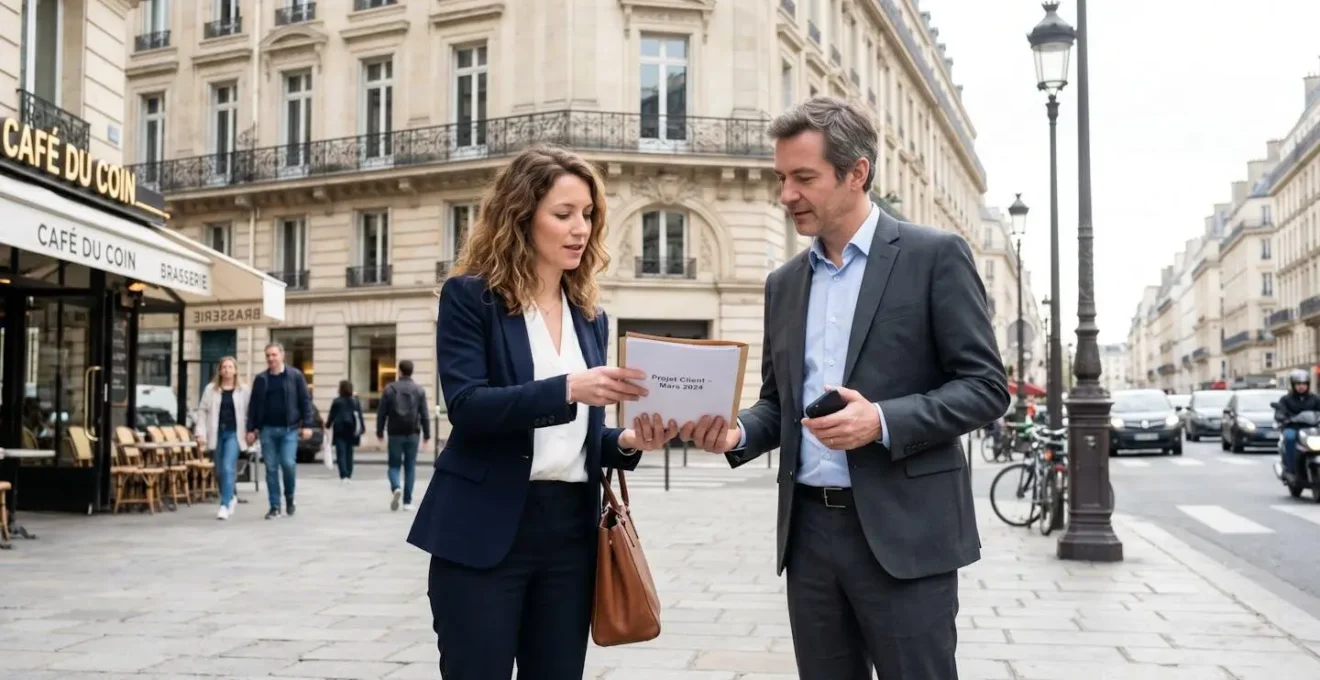 Un agent immobilier et un client échangent des documents devant un immeuble haussmannien parisien lors d'une visite