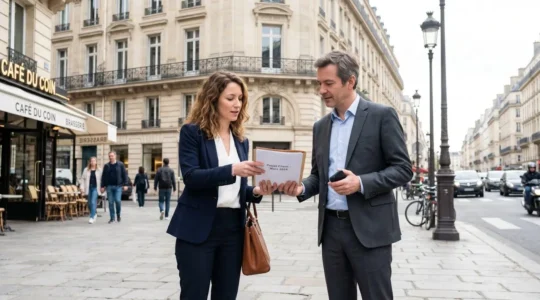 Un agent immobilier et un client échangent des documents devant un immeuble haussmannien parisien lors d'une visite