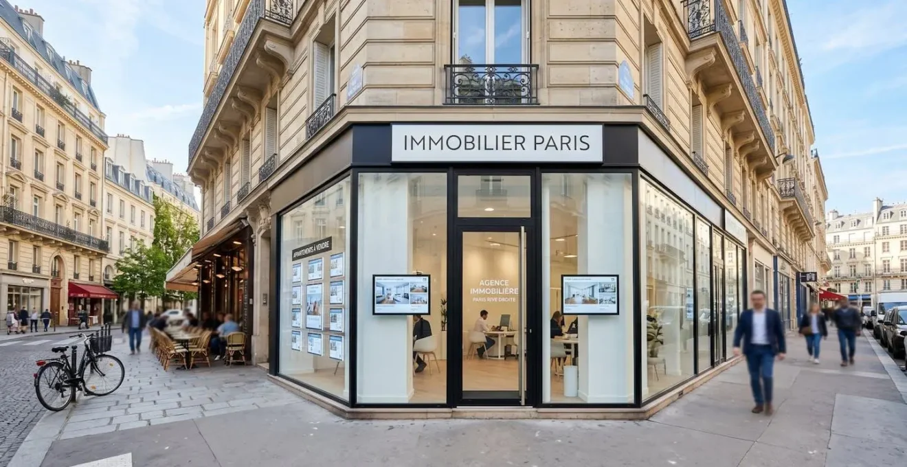 Devanture d'une agence immobilière moderne parisienne avec vitrine affichant des annonces immobilières dans une rue typique