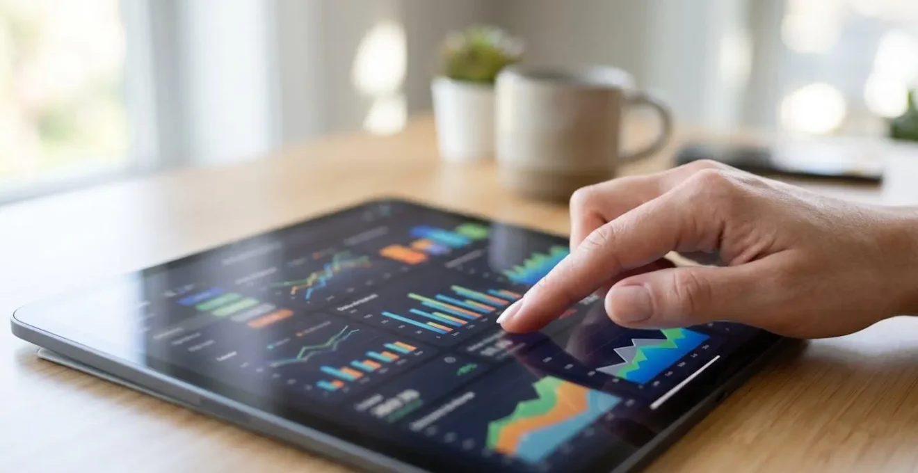 Gros plan d'une main utilisant une tablette affichant des graphiques de données immobilières sur un bureau moderne