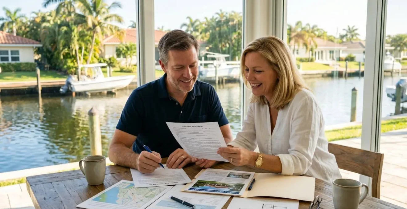 Un couple examine des documents de transaction immobilière sur une table lumineuse avec vue sur un canal en floride
