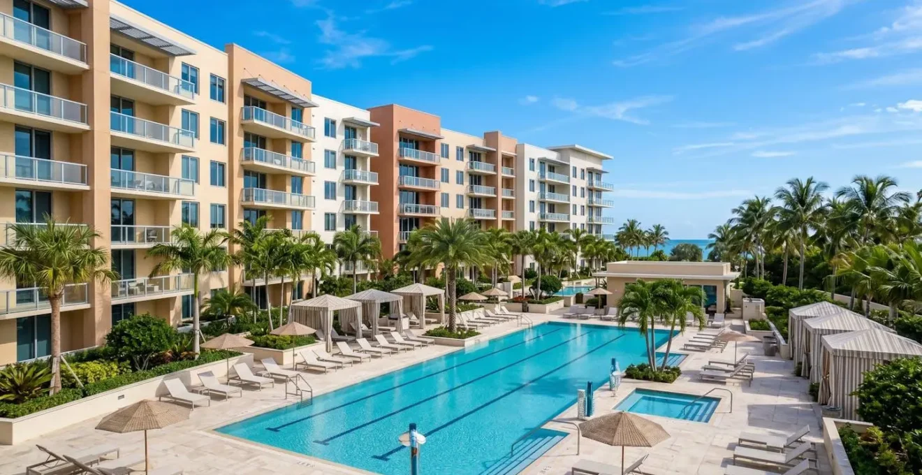 Résidence moderne en floride avec piscine commune et palmiers sous un ciel bleu, sans présence humaine visible
