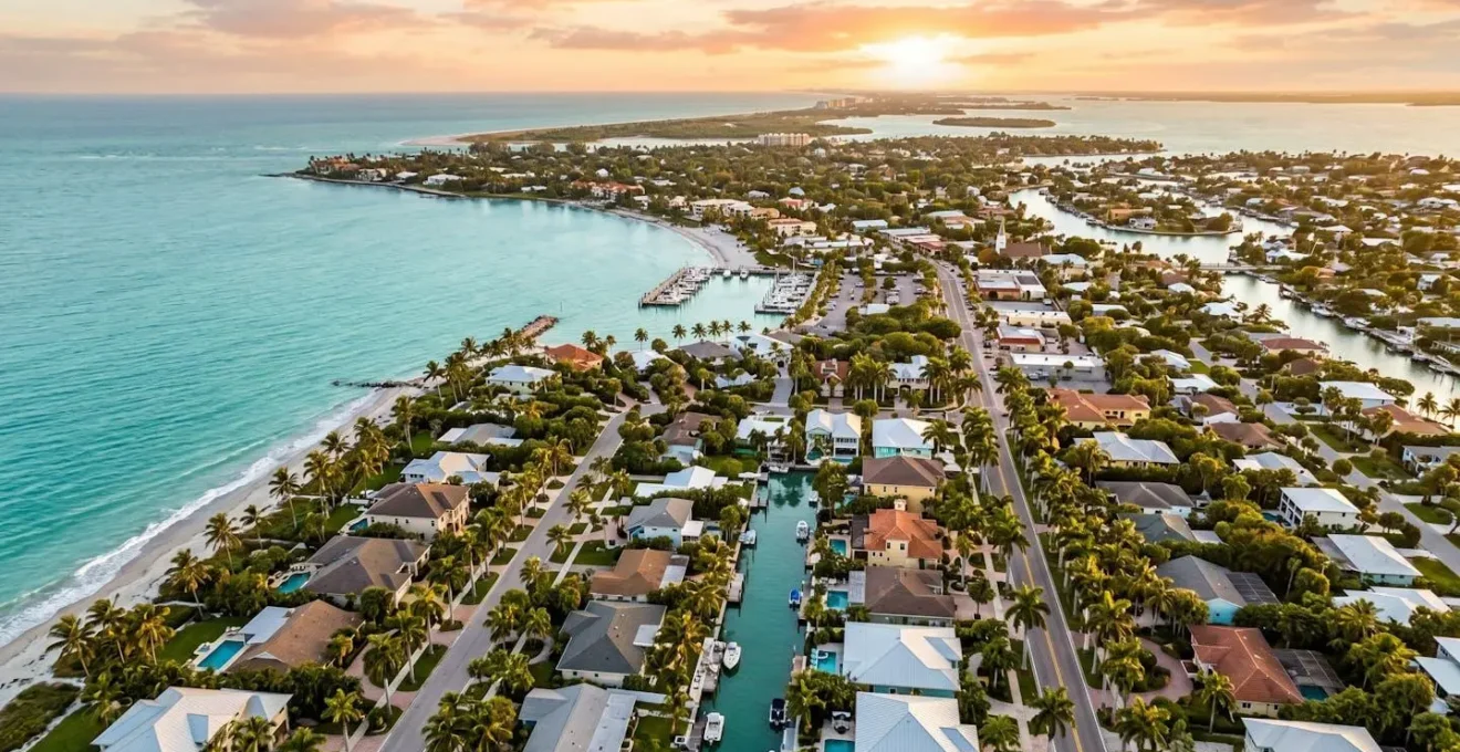Vue aérienne d'une ville côtière de floride avec front de mer au coucher du soleil, immeubles résidentiels et palmiers