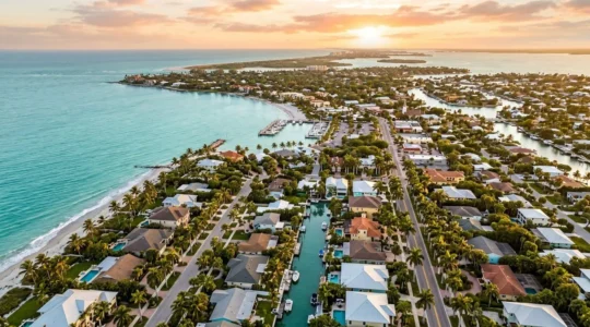 Vue aérienne d'une ville côtière de floride avec front de mer au coucher du soleil, immeubles résidentiels et palmiers