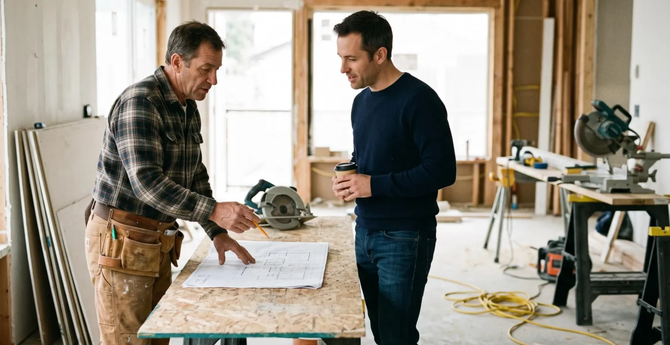 Un artisan en vêtements de travail installe des panneaux isolants sur le mur intérieur d'un appartement vide en rénovation, avec des matériaux de chantier visibles au sol.
