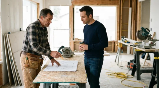 Un artisan en vêtements de travail installe des panneaux isolants sur le mur intérieur d'un appartement vide en rénovation, avec des matériaux de chantier visibles au sol.