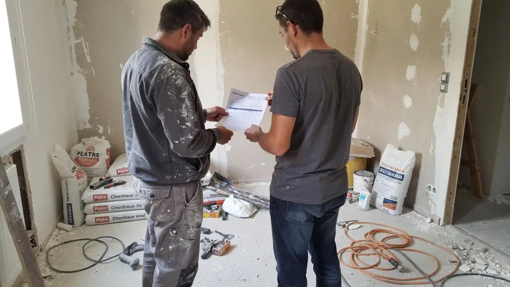 Un artisan et un propriétaire debout consultent ensemble un document dans un logement en cours de rénovation, avec des matériaux et outils de chantier visibles en arrière-plan.