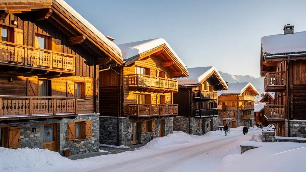 Chalets savoyards traditionnels en bois et pierre avec balcons typiques et toits enneigés dans un village de La Plagne, architecture alpine authentique