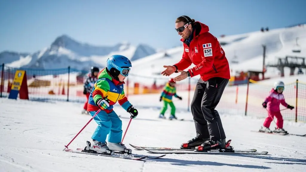 Jeune enfant de 4-5 ans en cours de ski avec moniteur dans une zone d'apprentissage pour débutants à La Plagne, équipement de ski adapté aux enfants