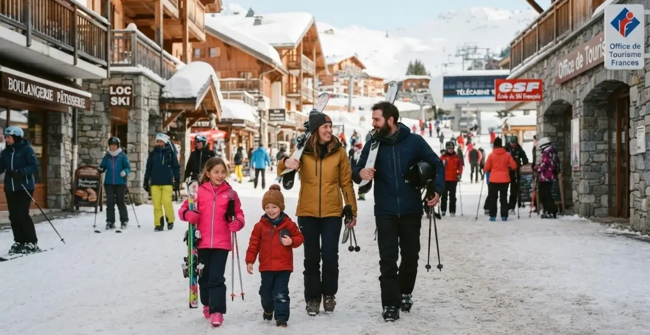 Famille avec deux enfants marchant dans une rue piétonne d'une station de ski de La Plagne en hiver, portant équipement de ski et vêtements d'hiver, chalets savoyards en arrière-plan