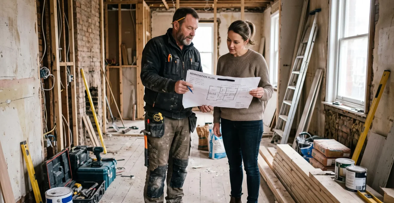 Un technicien chauffagiste raccorde une pompe à chaleur ou chaudière moderne dans l'espace technique d'un logement en rénovation.