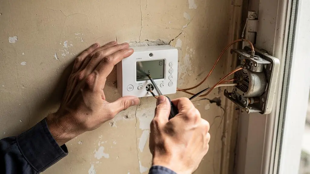 Mains d'un technicien installant un thermostat programmable moderne sur le mur d'un appartement ancien.