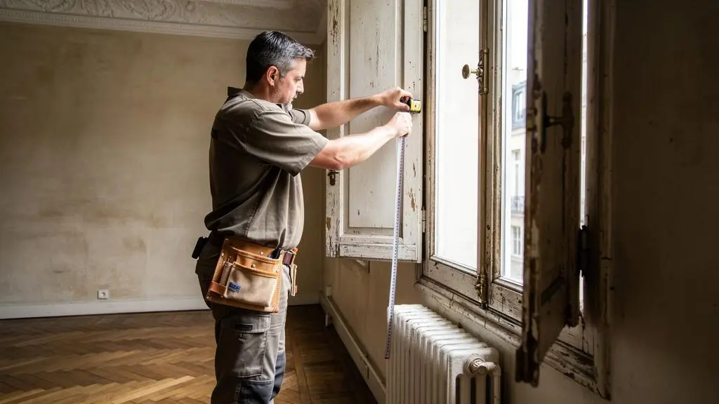 Professionnel mesurant l'encadrement d'une fenêtre ancienne en bois dans un appartement français pour son remplacement.
