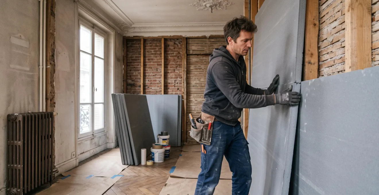 Technicien installant des panneaux d'isolation thermique rigide sur un mur intérieur d'un appartement ancien français.