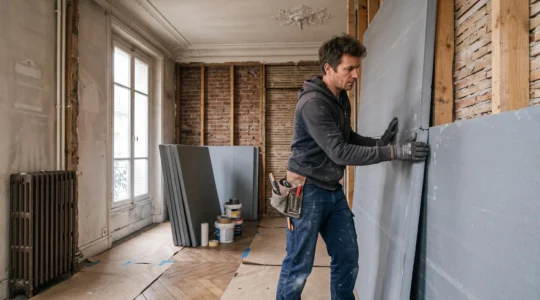 Technicien installant des panneaux d'isolation thermique rigide sur un mur intérieur d'un appartement ancien français.